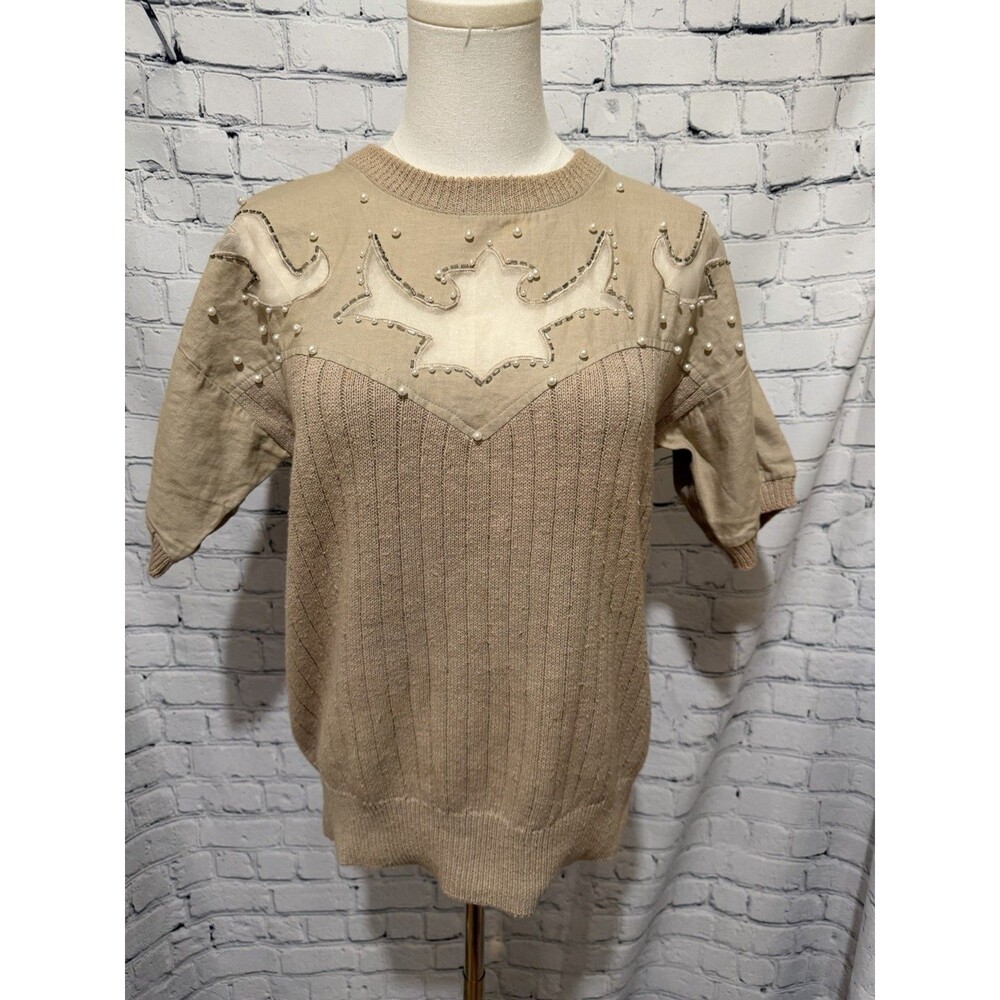 Vintage beige short-sleeve knit sweater featuring a sheer yoke - Large